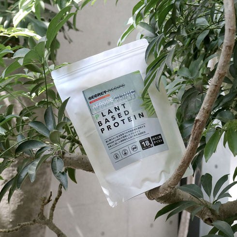 グリーンを背景にした PLANT BASED PROTEIN のパッケージ